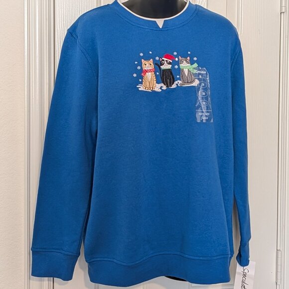NWT Speculation Blue Holiday Cats Fleece Sweatshirt, Women's size Medium - Picture 3 of 12